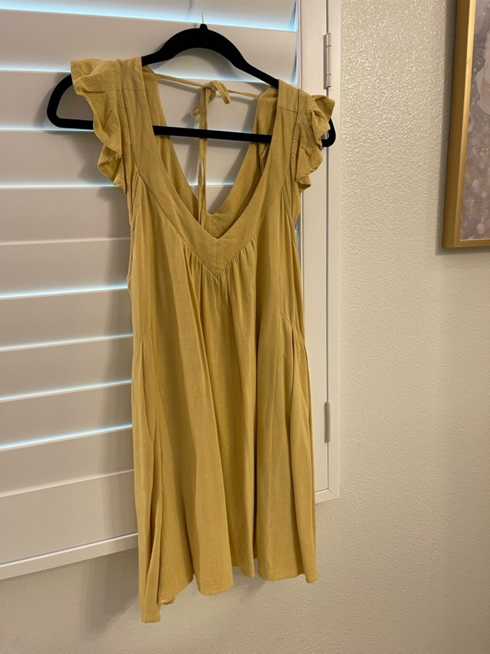 Promesa Mustard Yellow V-Neck Ruffle Sleeve Mini Dress with Tie Back